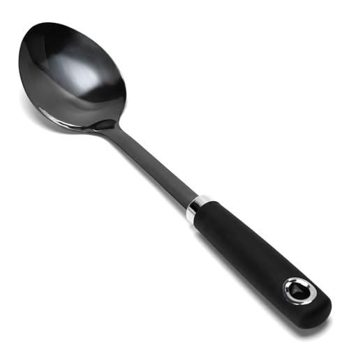 Stainless Steel Cooking Spoon Heavy Duty Basting Spoon Serving Spoons Stainless Steel Cooking Utensils with Non-Slip Ergonomic Handle, Black Black-Spo