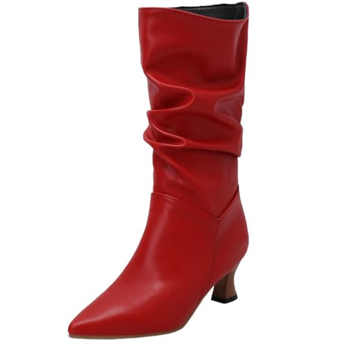 DINTAHA Low Kitten Heel Boots Pointed Toe Mid Calf Boots for Women Low Heel Slouch Fall Boots Women