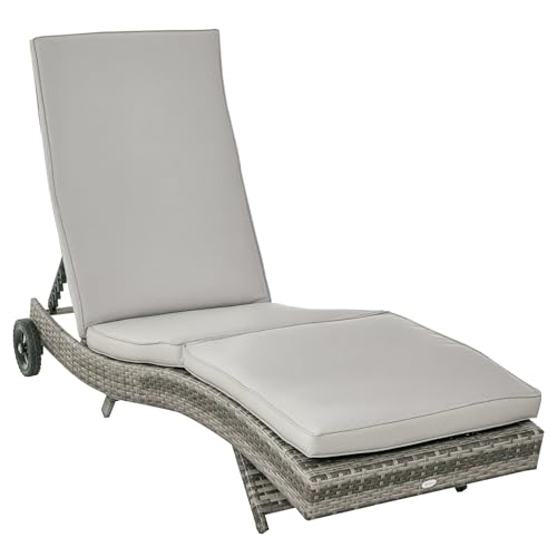 Outsunny Bain de Soleil transat Grand Confort - Dossier inclinable 5 Positions roulettes - Matelas déhoussable Inclus - résine tressée Grise