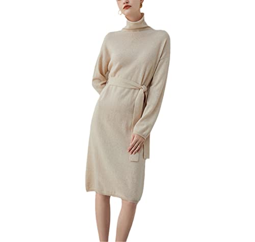Robe pull longue col roulé Haitpant en tricot beige pour vos sorties d'hiver