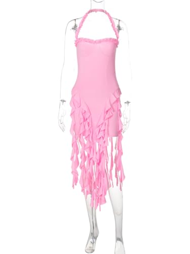 Image of Women's Sexy Fringe Ruffle Halter Neck Off Shoulder Bodycon Blackless Ruched Tassel Hem Mini Flowy Dress