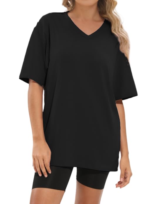 Kinglaman 4 Pack Oversized Tshirts for Women, Short Sleeve Drop Shoulders Plus Size Baggy Dry Fit T Shirts Tops Tees for Casual or Athletic 1 Black 1 White 1 Dark Pink 1 Khaki 3X-Large