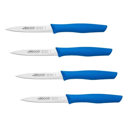 Arcos Serie Nova   Cuchillo Mondador   Hoja Serrada de Acero Inoxidable de 100 mm   Mango de Polipropileno Color azul (Paquete de 4)