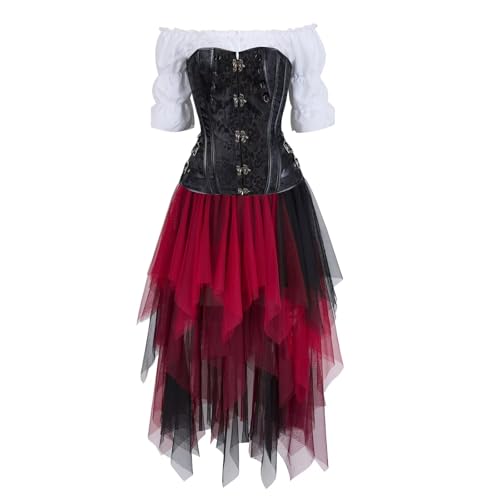Grebrafan Corset Mujer Cuero Steampunk con Falda Tul y Pirata Blusa (EUR(50-52) 7XL, Negro)