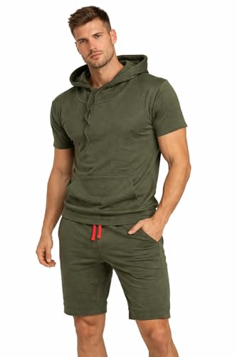 GX GARGIX Completo Uomo Tuta Estiva Verde Militare con Cappuccio e Bermuda – Set Sportivo Casual in Tessuto Morbido e Traspirante (IT, Testo, L, Regular, Regular, COMPL/VERDE)