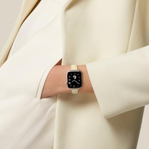 Image of STIROLL Slim Leather Bands Compatible with Apple Watch Band 38mm 40mm 41mm 42mm(Series 11 10), Top Grain Leather Watch Thin Wristband for iWatch SE 9 8 7 6 5 4 3 2 1 (Beige Starlight)