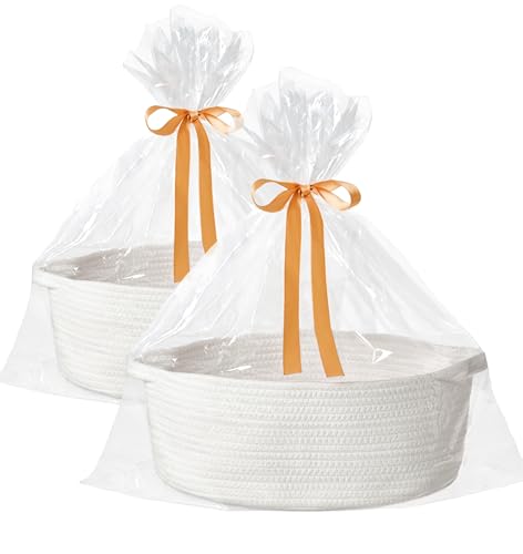 Image of 2-Pack Large Woven Gift Baskets Empty with Bags & Ribbons, Gifts for Dad, Baby Shower, Birthdays & Raffle, Cotton Rope Storage Basket for Dog Toys or Shelf - 13.4 inchx10 inchx5.5 inch, White
