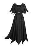 Rosegal Women Plus Size Medieval Renaissance Costume Victorian Dress Color Block Textured Handkerchief Hem Midi Bell Sleeve Patchwork Dress(Black/3X)