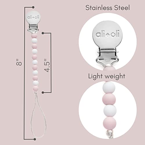 Image of Ali+Oli Silicone Pacifier Clip for Baby (Thin Pink) 100% Food-Grade BPA Free Newborn Pacifier Holder Infant Binky Clip for Baby for Baby Boy or Girl