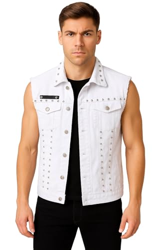 Image of Lazutom Men's Punk Denim Vest Sleeveless Lapel Jean Jackets Waistcoat with Rivets