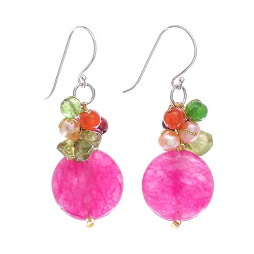 NOVICA Artisan Handmade Cultured Freshwater Pearl Garnet Cluster Earrings Gemstone Beaded Dangle .925 Sterling Silver Glass Peridot Quartz Multicolor Pink Thailand Birthstone 'Thai Joy'