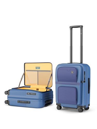 Image of EUME Aerotop Cabin Trolley Bag Small | Top Open Suitcase | Expandable Hard Polycarbonate Luggage | TSA Lock, Anti Theft Zipper, Silent Wheels | 16 inch inch Laptop Holder + Charging Port | 50L Blue