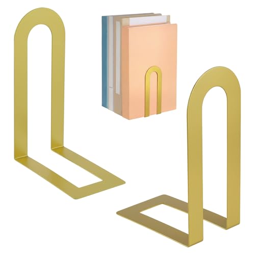 Chunful 2 Pcs Gold Modern Metal Book Ends for Shelves Decorative Small Bookends Book Shelf Organizer Minimalist Design Stopper to Hold Books for Home Office (5.5 * 3.75 * 2.25inch)