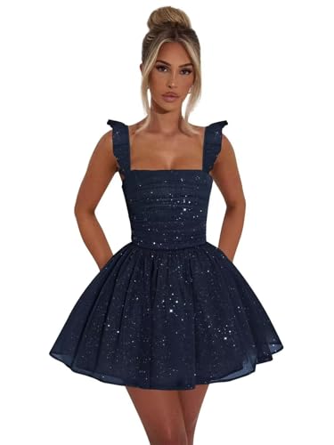 Dessiny Spaghetti Straps Scoop Neck Short Homecoming Dresses 2025 Short Sparkly Sequin Pleated Prom Cocktail Pary Gown DE337