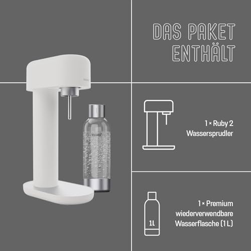 Foto von Mysoda: Stilvoller Ruby 2 Wassersprudler aus robustem Aluminium (ohne CO2-Zylinder) mit hochwertiger 1-Liter-Wasserflasche in Premiumdesign - Weiß-Silber