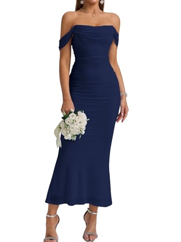 KUTUMAI Off The Shoulder Maxi Long Dress Corset Ruched Bodycon Formal Wedding Guest Dresses for Women Navy M