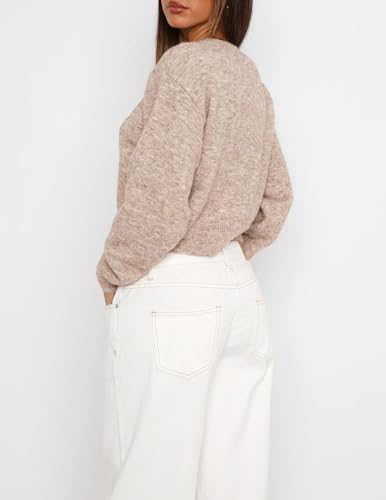 Image of Women's Cropped Cardigan Sweater Open Front Button Down Shirts Long Sleeve Crop Tops Loose Fit Casual Outfits 2024