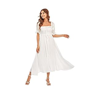 R.YIposha Women Vintage Elastic Square Neck Ruffled Half Sleeve Summer Backless Beach Flowy Maxi Dresses,8-10,White