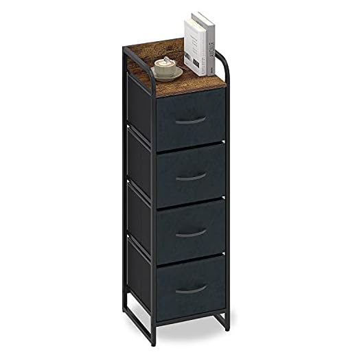Byrå med 4 lådor mocka tygskåp smal skänka vintage highboard metall behållare skåp organiserare kök sovrum kontor hall vardagsrum gästrum svart + grått trä + stål