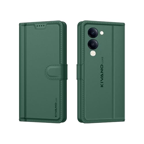 Image of KIVANO LUXE for Vivo T4 Lite 5G / iQOO Z10 Lite 5G / Vivo Y19 / Y19E Luxury Handmade Leather Magnetic Flip Folio Case | Card Holder & Kickstand | Slim Protective Cover | Unisex - Green