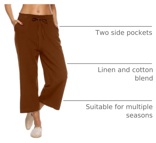 Image of LNX Womens Linen Capri Pants Wide Leg High Waisted Drawstring Casual Cropped Pants with Pockets