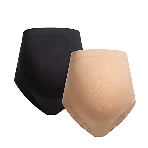 Herzmutter Braguita Premamá - Pack de 2 - Bragas de Maternidad - Ropa Interior Premamá - sin Costuras- 5820 (S-M, Negro/Beige)