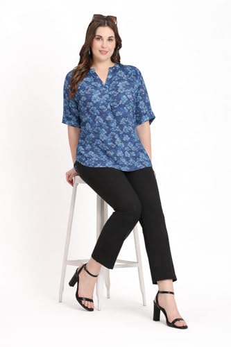 Image of SINDOORI Relaxed Fit Tops for Women Plus Size Solid Printed Mandarin Collar, Band Collar, V-Neck Top, Half Sleeve Loose Fit