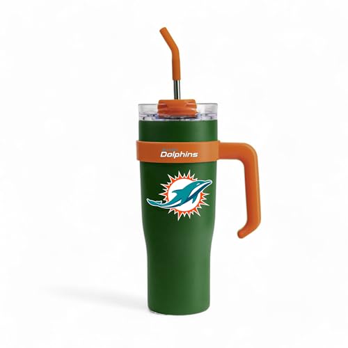 Image of The Memory Company Officially Licensed 46oz Team Color Slim Tumbler with Straw and Handle, Miami Dolphins