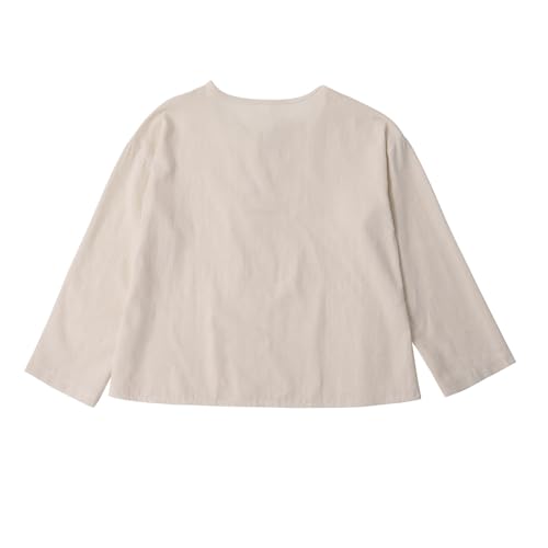 ，Teen Cotton Linen Shirts for Girls 3/4 Roll Up Sleeve Summer Casual Loose V Neck Button Down Blouses Tunic Tops3