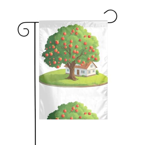 WHJSHOP Banderas de jardín con imagen de manzano junto a la cabaña de 12 x 18 pulgadas para decoración de patio con 3 cm de ancho de posición de poste (solo bandera, no incluye mástil)