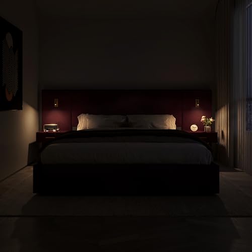 DEINPPA Luxury King Bed Frame with Built-in Gold LED Lights and Nightstands, King Size Platform Bed with Oversize Upholstered Headboard, No Box Spring Needed-Burgundy