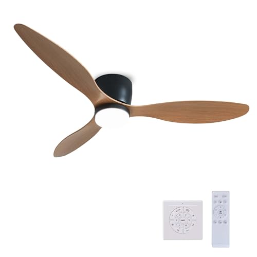Ventilador de techo silencioso con luz tricolor ajustable, ventilador reversible de 6 velocidades, control remoto para sala de estar, grano de madera negra, 106 cm