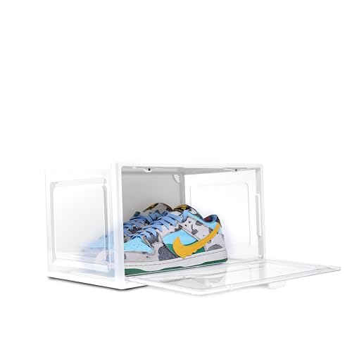 Image of Sneaker Box White (Pack of 4) | Front-Opening, Heavy-Duty | Stackable Shoe Storage Organizer Crate with Magnetic Closure | Clear Sneaker Display & Dust-Proof Access Container