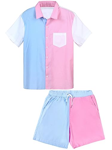 Haull Shirt Tops and Colorblock Shorts Set Gender Reveal Outfit Mens Gender Reveal Shirt Pink and Blue Button Down Shirt Men