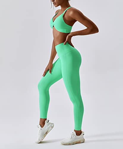 Image of ABOCIW Workout Sets for Women Twist Front Halter Sports Bras High Waist Legging 2 Piece Exercise Gym Yoga Outfit