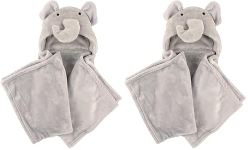 Image of Hudson Baby Unisex Baby and Toddler Hooded Animal Face Plush Blanket, Elephant, One Size (Pack of 2)