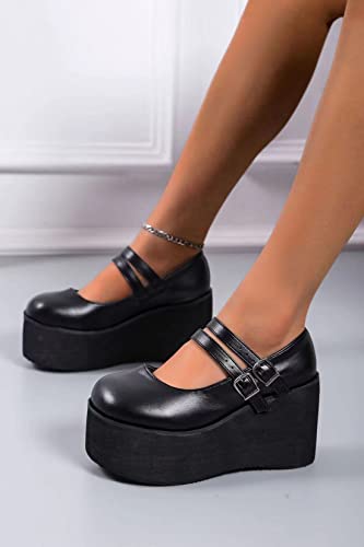 Image of Ulalaza Women Mary Jane Dress Pumps Lolita Shoes Cute Platform Gothic Double Ankle Strap Round Toe Chunky Heel Uniform Pumps Shoes Perfect for School Party Business Work Dance Date Night Club