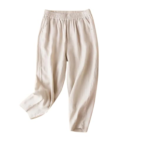 Generic Capri Pants for Women Dressy Elastic Waist Cotton Linen Lounge Pant Loose Casual Vintage Cropped Trousers with Pocket
