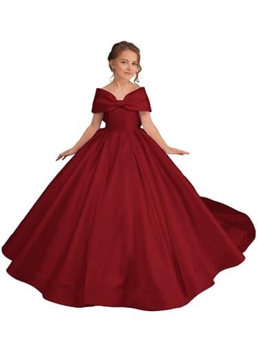 Satin Flower Girl Dress with Bow - Off Shoulder First Communion Dress Little Girl Pageant Dress Maroon Red, 4