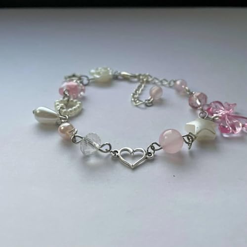 New 2024 Handmade Cluttered And White Pearl, Star, Crystal With Heart Charm Bead Adjustable Bracelet Fashion Accessories Creative Gift, As Pic, TH05-24-DK59294