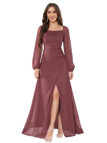 Chiffon Bridesmaid Dresses for Women Long Sleeve Ruched Formal Evening Dresses with Slit4