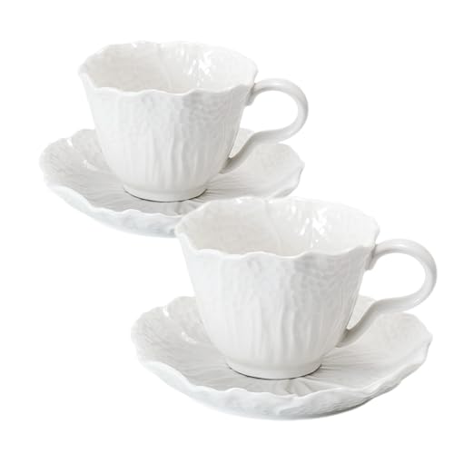 KAITOER 2 Pack White Ceramic Cups and Saucers Coffee Cups with Cabbage Floral Design 200ml (7 oz) Tea Cups for Espresso, Latte, Porcelain Mugs
