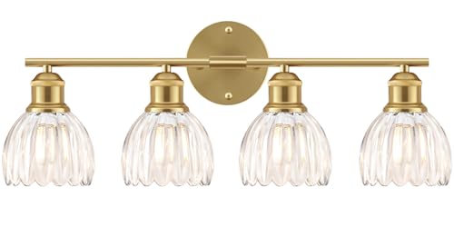 Image of Bathroom Light Fixtures, 4-Light Brushed Gold Vanity Lights for Bathroom with Clear Tulip Glass Shade, 26 inch Vintage Bathroom Vanity Lighting Fixtures Over Mirror for Bedroom Living Room Hallway