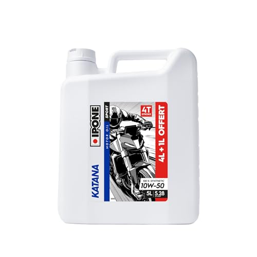 IPONE – Huile Moteur Moto 4 Temps 10W50 Katana – Bidon 4 Litres + 1L Offert - 100% Synthétique - Très hautes performances - Passages de vitesses souples et rapides - Protection à hauts régimes moteur