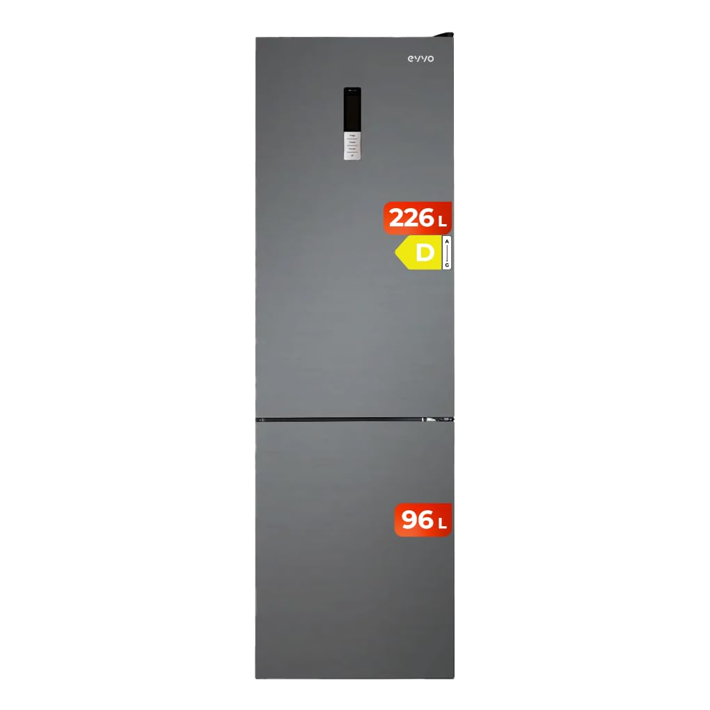 EVVO Frigorífico Combi No Frost, Capacidad Frigorífico 226L Congelador 96L, Motor Inverter, 60cm Ancho, Clase energética D, Multi Air Flow, Luz Interior LED, Panel LED táctil (F55DX Color: Dark Inox)