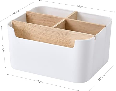 TEESIN Desktop Storage Organizer Boxes, Makeup Storage Box with 5 Compartments in Wood and Plastic Remote Control Pen Card Holder with Flexible Divider, Cosmetic Organiser Box for Bathroom, White
