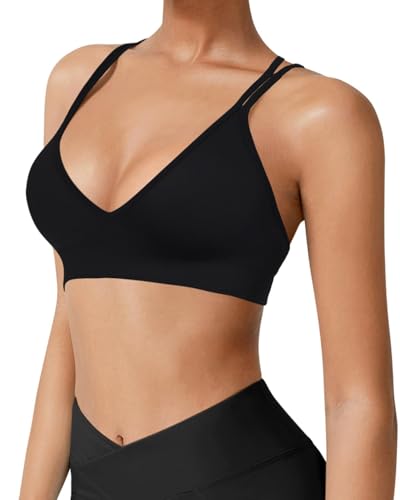 Image of VEQKING Seamless V-Neck Cross Back Women Sports Bra for Small Chest, 3 Pack | Made for A-C Cups, Spaghetti Straps, Removable Padded, Comfort Wireless for Low Impact Workout: Yoga, Lounging & Daily Wear