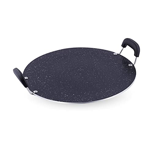 Attro Non Stick Aluminium Heavy Duty Double Handle Flat Spatter Finish Tawa, 300 mm, (Black)