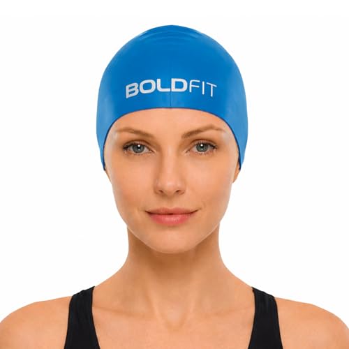 Boldfit Swimming Cap for Men Silicone for Women Unisex for Kids Boys & Girls for Women Long Hair Head Cap Men Silicone Fabric Easy Fit - Blue