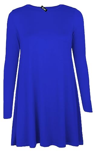 Image of Shop Nova® Women Long Sleeves Round Neck Stretch Swing Skater Flared Dress Ladies Midi Length Top Plain & Printed Casual Summer Wear Dresses UK 8-26 (Royal Blue, 18)